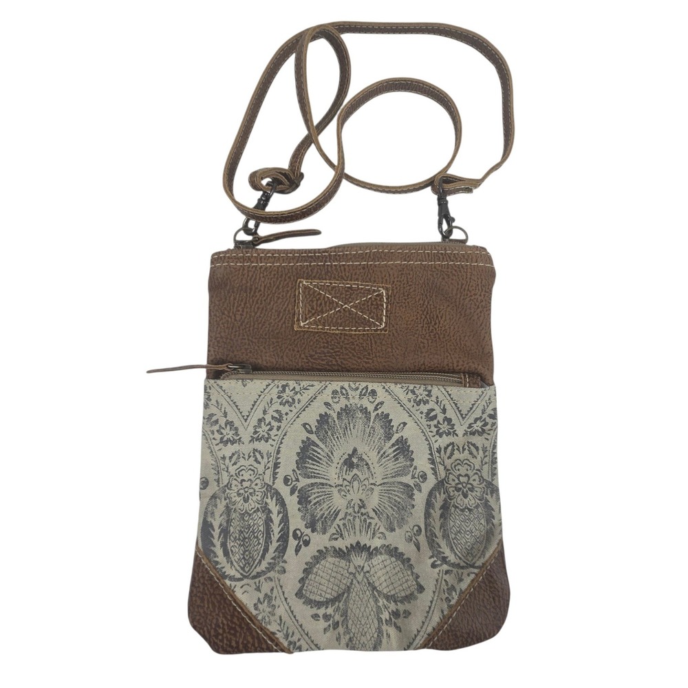 Myra Bag Crossbody Bag Floral Damask Canvas Brown Vegan  Leather LOOKS UNUSED